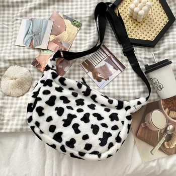 

Casual Women Handbags Cow Pattern Plush Designer Ladies Women Bags Fashionable Shoulder Messenger Bags Women 2020