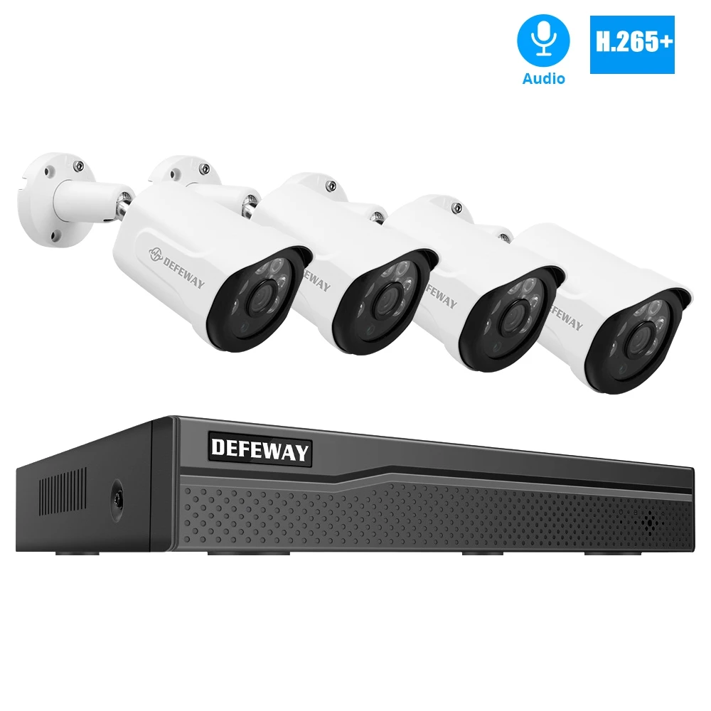 4 CH With 4 Cameras DEFEWAY 2MP POE NVR комплект 4CH/8CH POE ip-камера с аудио системой видеонаблюдения H.265+ Открытый комплект ночного видения аудио видео наблюдения - Цвет: 4 CH With 4 Cameras