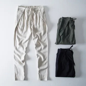 

2020 Men Spring New Style Lace-up Flax Casual Pants Solid Color Simple Chinese-style Medium Waist Skinny Capri Pants