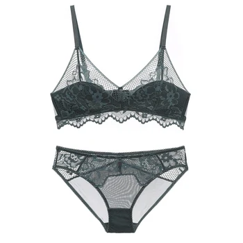 

Cup triangle floral lace sexy ladies lingerie sets translucent Bralette and panties cotton thin cup brassiere set underwear