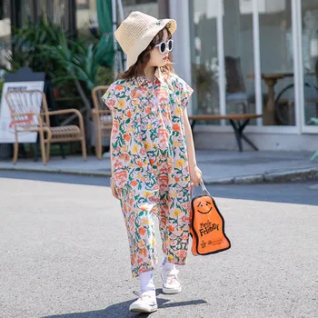 

Girls Jumpsuit Floral 2020 Summer Korean Style Sleeveless Loose Fashion One Piece Suit Ankle-length Button Rompers 4 to 16 yrs