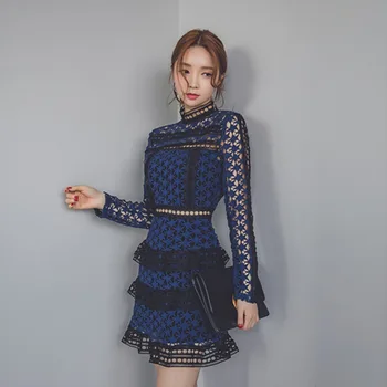 

BGW 3145ht Navy Blue Lace Cocktail Dresses Long Sleeves High Neck Mini Cut Out Sexy Women Dress For Party 2020 Robe Cocktail