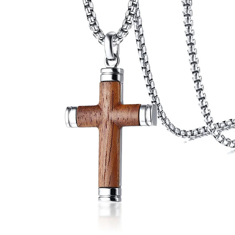 

Stainless Steel Men Necklaces Chain Pendants Wood Material Religion Christian Cross Simple for Male Boy Jewelry Creativity Gift