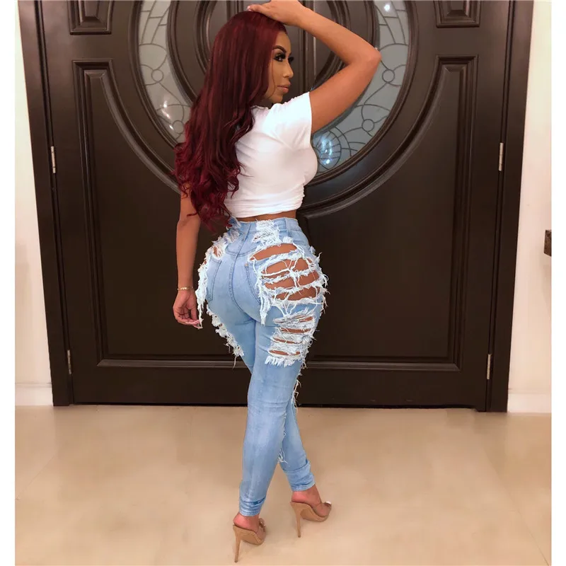 High Street Ripped Hole Jeans Women's Destroyed High Waist Distressed Slim Denim Jeans Sexy Skinny Pencil Pants Summer Pants (3)