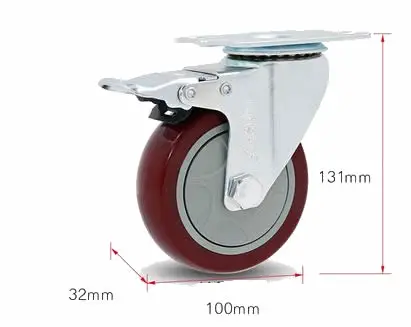 brake 4 дюйма, красные ПВХ колеса/ролики, колесо тележки с тормозом, фиксированный вал, пригодный для носки, бесшумный, медведь 130 кг, промышленные ролики - Цвет: brake