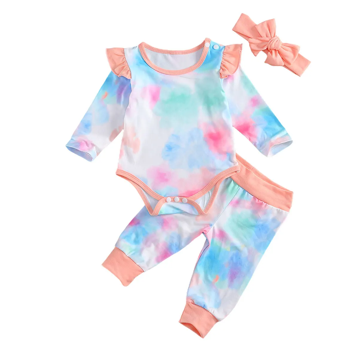 

2020 New Fall Autumn Newborn Baby Girls 3Pcs Set Tie Dye Print Ruffled Long Sleeve Bodysuit+Long Pants+Headband Clothes