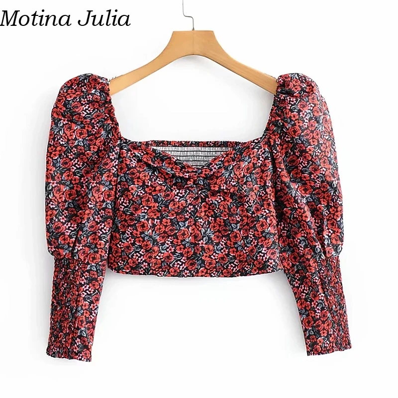 Motina Julia, сексуальная короткая блузка с принтом, Женская Осенняя Повседневная классная Элегантная блузка, женская летняя пляжная Милая Укороченная блуза - Цвет: Blouse
