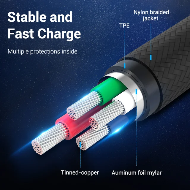 Vention Micro USB Cable 3A  Nylon Fast Charger USB Type C Data Cable for Samsung Xiaomi LG Android Micro USB Mobile Phone Cables 6