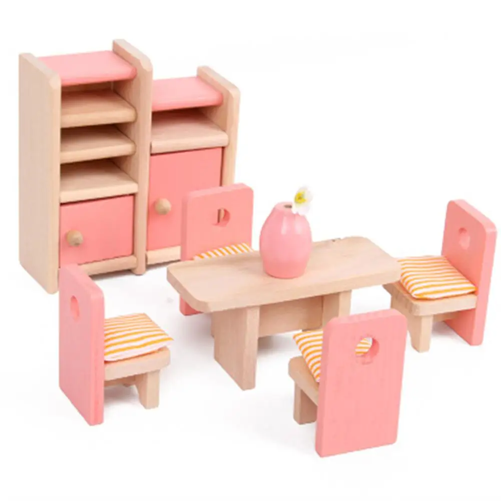 Kuulee Children Delicate Wooden Dollhouse Furniture Children Pretend Play Home Game Toy Set