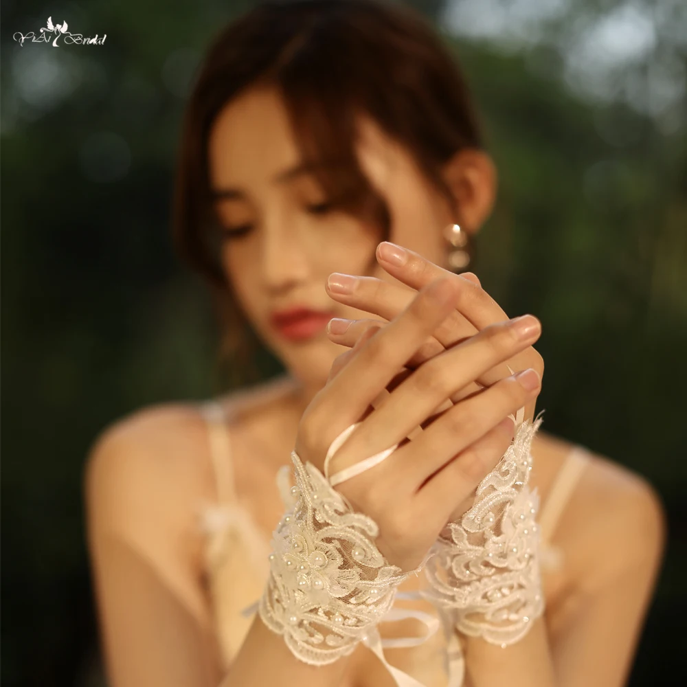 LZP521Ladies жемчуг Цветы Кружева без пальцев Короткие Свадебные перчатки
