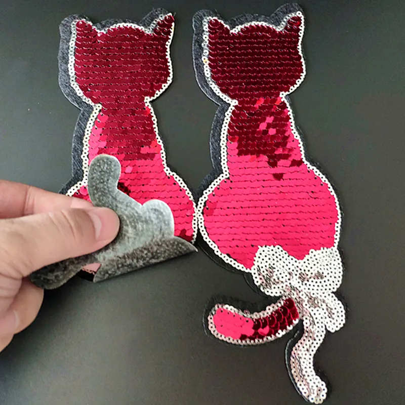 

Largr Cats Iron On Patches For Clothing Red Sequins Biker Badge Embroidery Fabric Sequined Patch Clothes Stickers Christmas