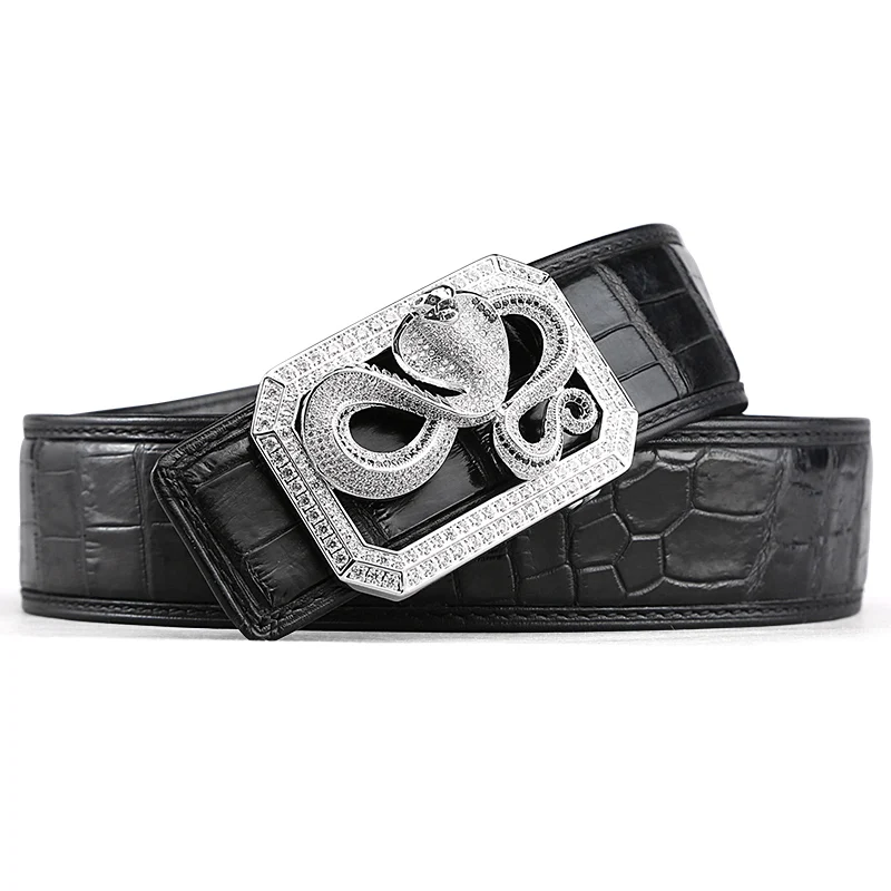 McParko Crocodile Belt Mens Leather Belts With Buckle Luxury Animal Design Genuine Leather Waist Belt with rhinestones Buckle - Цвет: cobra black