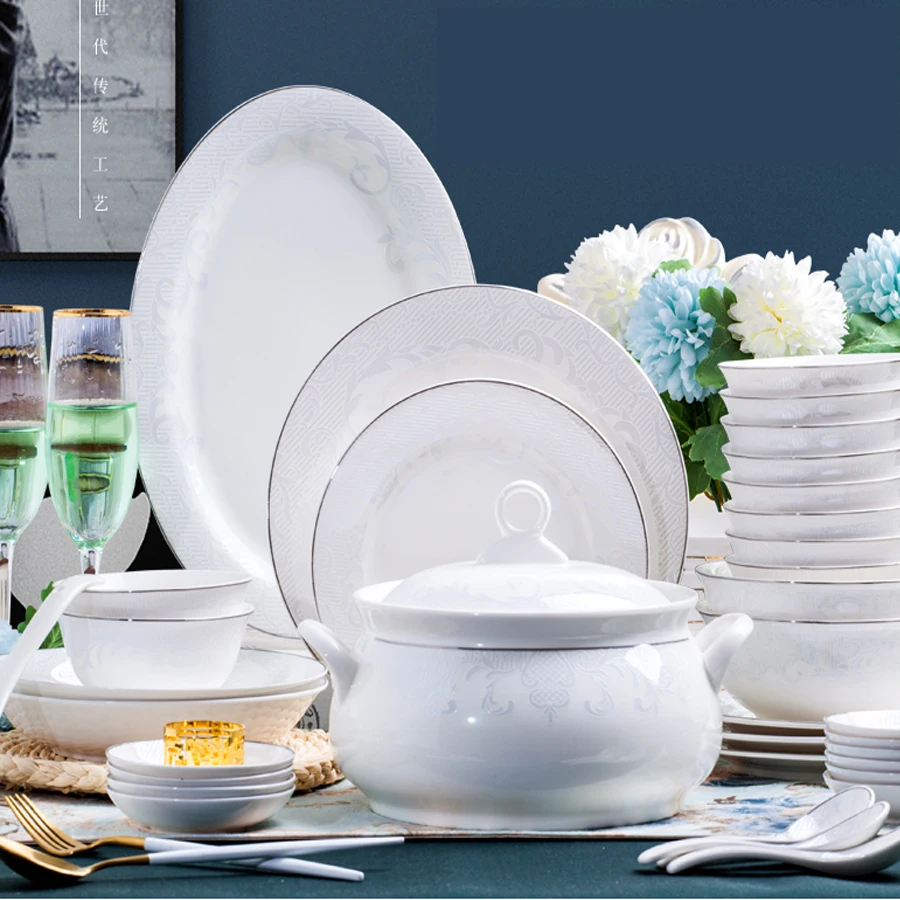 Jingdezhen Ceramic Dinnerware Set European style Kitchen Tableware Ceramic Plates and Dishes Bowls 60pcs combination