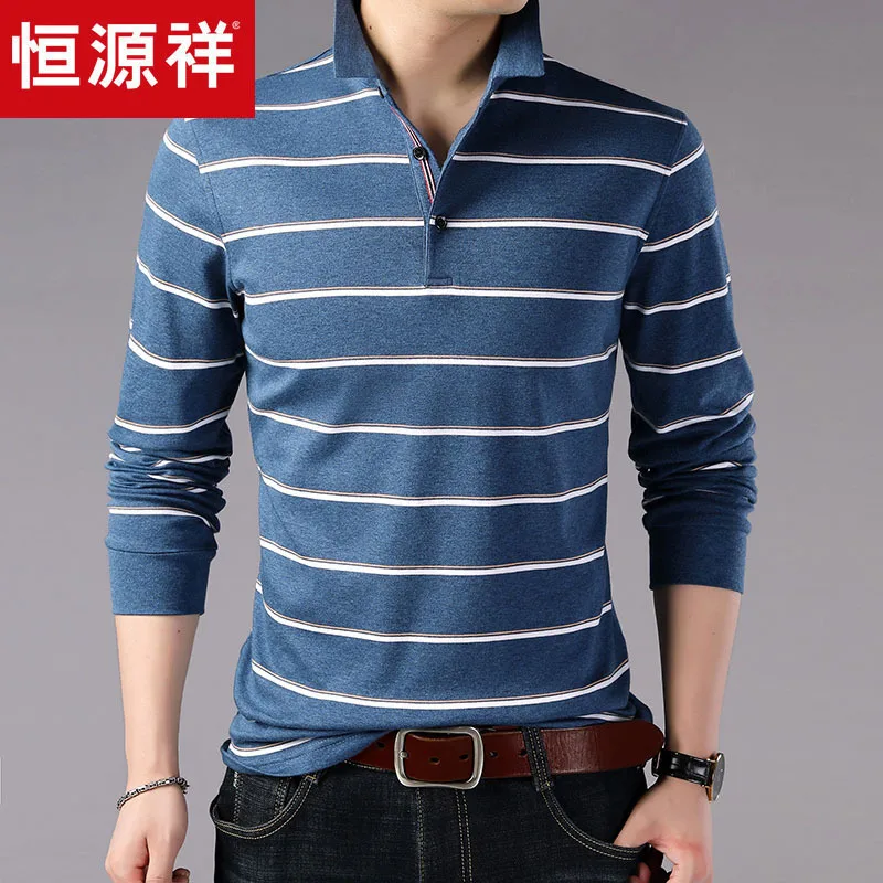 

HYX Genuine Product Autumn New Style Fold-down Collar Long Sleeve Stripes Polo Shirt Middle-aged Casual Fashion Tops T-shirt Men