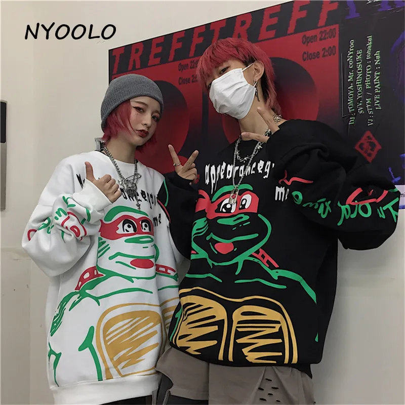 NYOOLO Harajuku мультфильм ниндзя с буквенным принтом теплые толстовки осенне-зимняя уличная мода плюс бархатные Пуловеры Толстовка для женщин и мужчин Топ