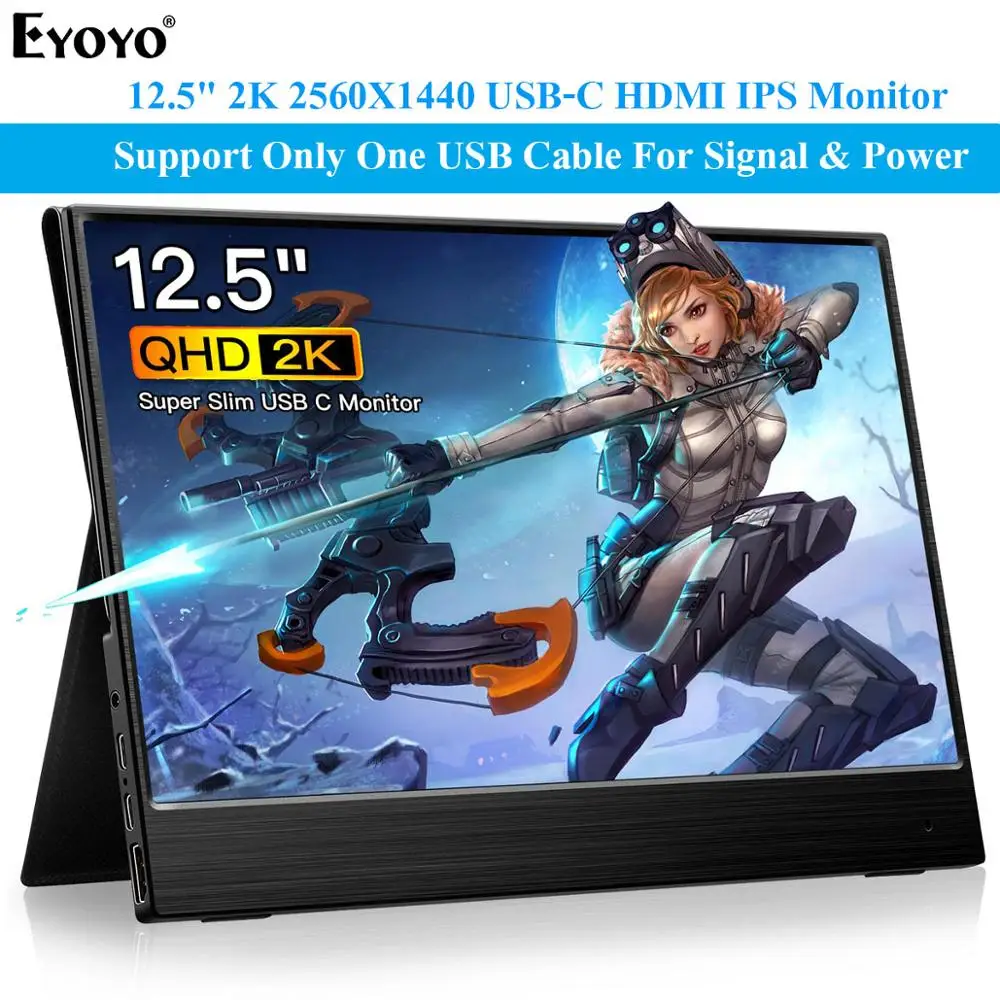 Eyoyo EM12R thin portable LCD QHD 1440P Monitor 12 5 USB Type C HDMI for laptop 1