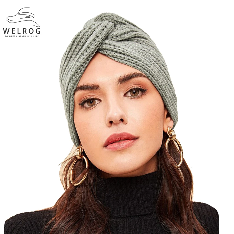 

WELROG New Knitting Turban Skullies Hats Solid Wool Cross Twisted Knitted Warm Beanies Caps Winter Simple Thick Thin 2 Types Hat