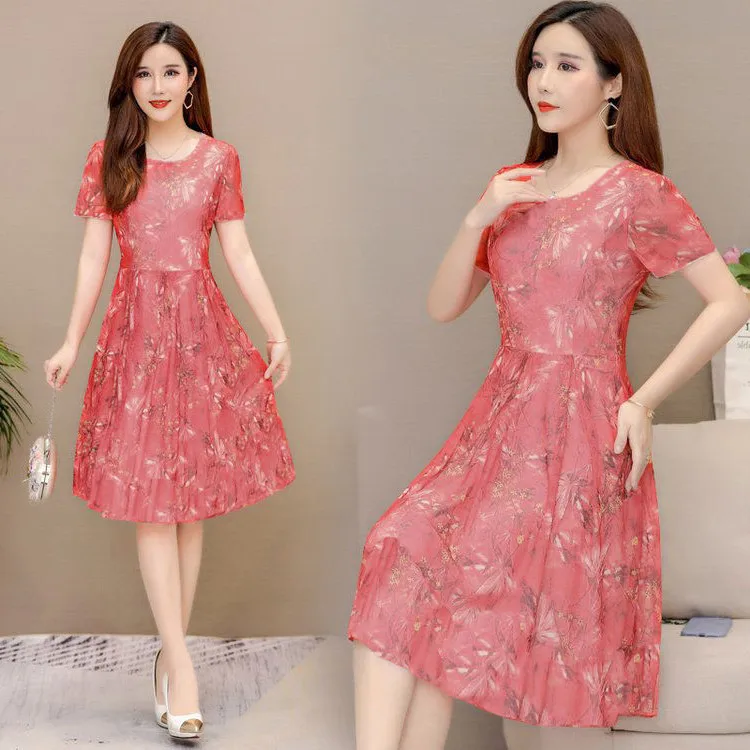 

Southeast Asia New Style Summer Short-sleeved Floral Dress Women's Casual Medium-length Fashion Elegant Slimming A- line Skirt