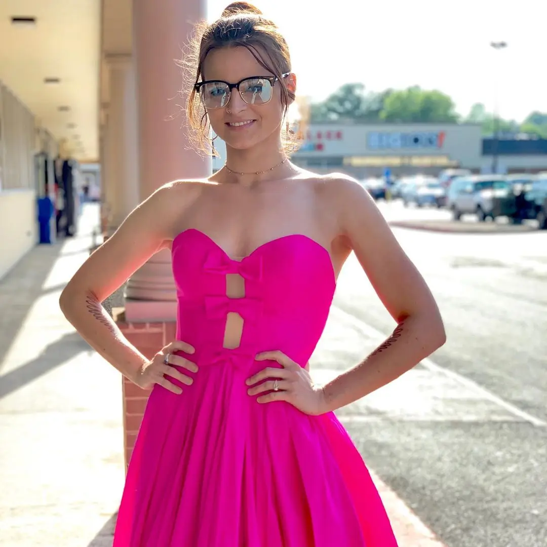 HONGFUYU Satin Hot Pink Prom Dresses Bowknot Sweetheart Zipper Party Gowns Full Length Evening Dress Formal Sleeveless Ball Gown