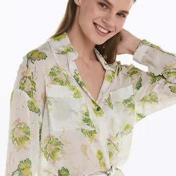 

French Fashion Women Print Floral Chiffon Blouses Casual Long Sleeves Pockets Top Shirts Drop Shipping