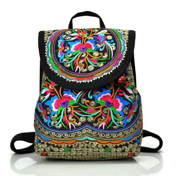 

Vintage Floral Peony Embroidery Ethnic Canvas Backpack Women Handmade Travel Bags Schoolbag Backpacks Rucksack