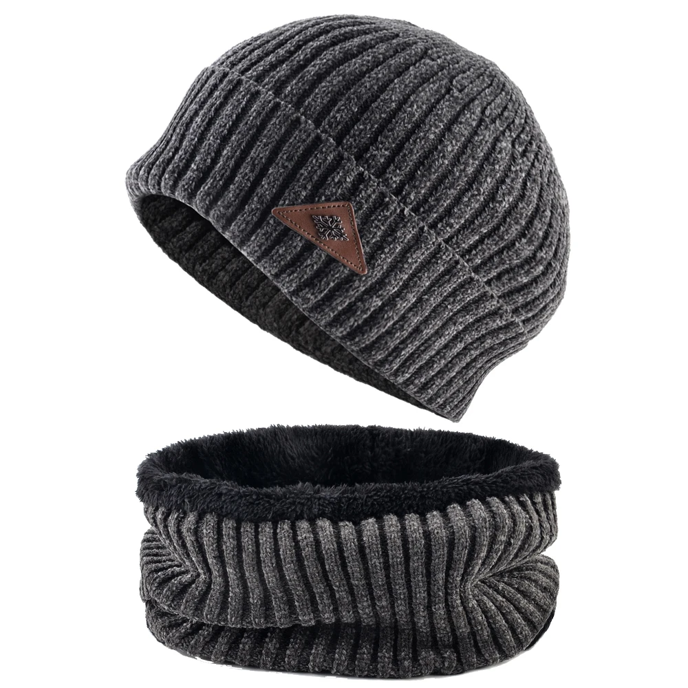 Вязаные шапочки Skullies, мужские зимние толстые вязаные однотонные шапки и шарф, комплекты для мужчин, для улицы, Россия, зимние шапочки, теплый лыжный комплект - Цвет: Gray Set