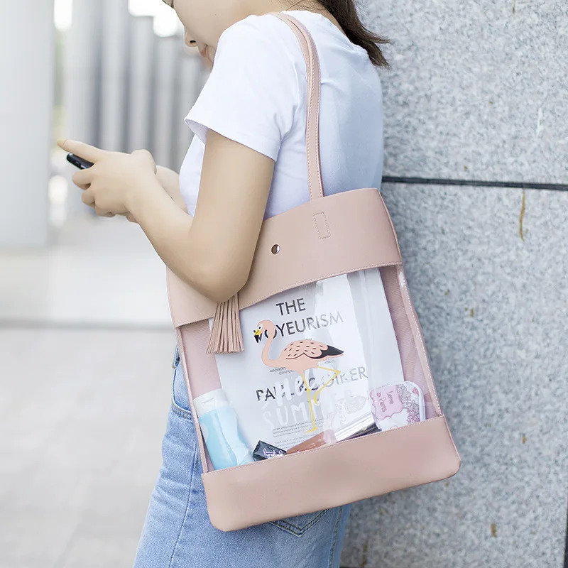 Женская модная полиуретановая сумка на плечо, прозрачная сумка для покупок, женская сумка с кисточками, сумка для продуктов, водонепроницаемая пляжная милая сумка-тоут для девочек