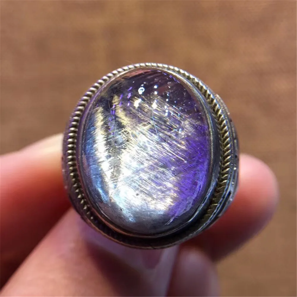 

18x14mm Top Natural Brookite Silver Rutilated Quartz Ring For Woman Man Lucky Stone Crystal Stone Adjustable Ring Jewelry AAAAA