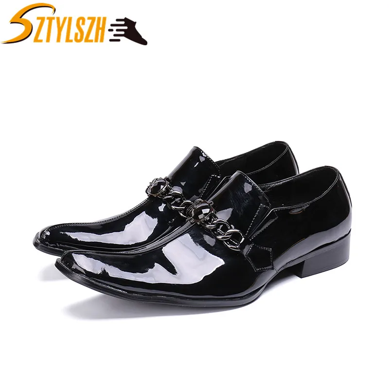Men Black Classic Business Leather Shoes Mens Dress Shoes Patent Leather Glitter Wedding Shoes Pointed Toe Male Zapatos Hombre