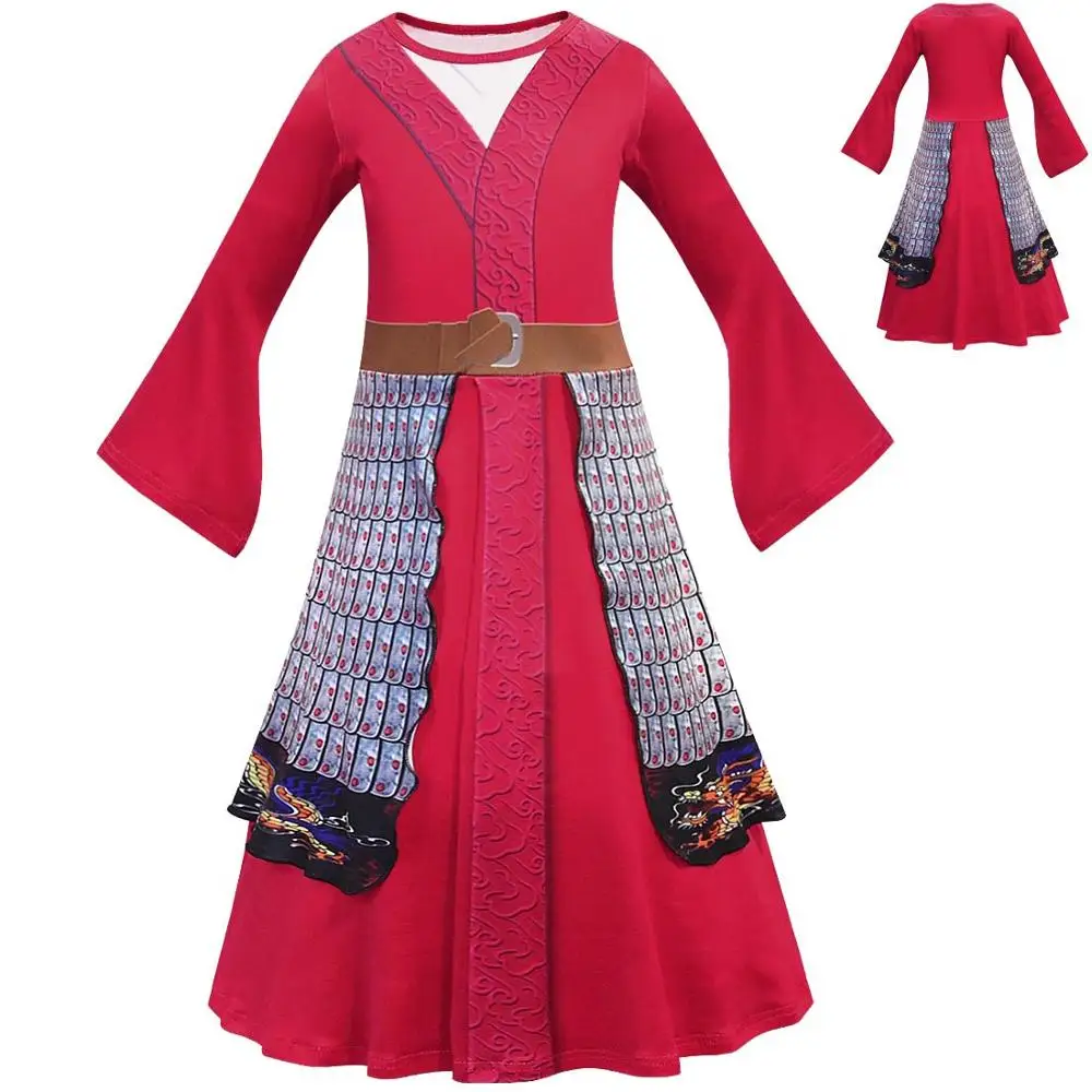 

Girls Hua Mulan Cosplay Dress Party Halloween Show Costume Set Mulan Red Long Dresses for Kids