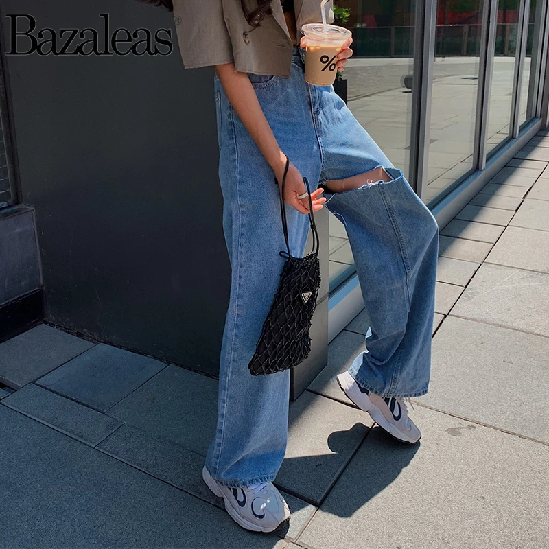 Bazaleas harajuku Дырчатые Джинсы женские хлопковые свободные джинсы винтажные прямые брюки Модные с высокой талией женские джинсы в стиле панк