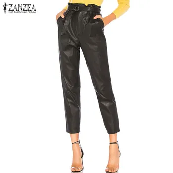 

S 3XL ZANZEA Spring PU Leather Pants Women Casual Solid Turnip Pants Fashion High Waist Work OL Long Pencil Trousers Pantalons