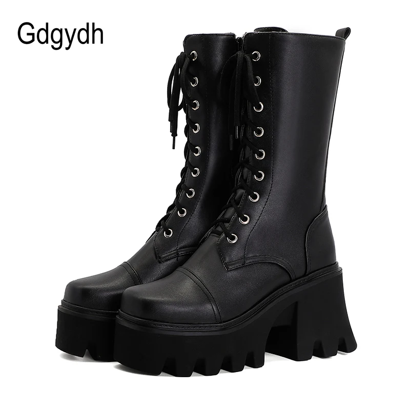 Женские ботинки на толстой подошве Gdgydh черные платформе со шнуровкой в