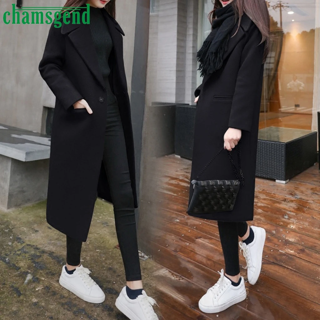 CHAMSGEND Women Blends Coat Autumn Winter Turn-Down Collar Wool Jacket Coat Female Long Wool Coats Casual Windbreake#4