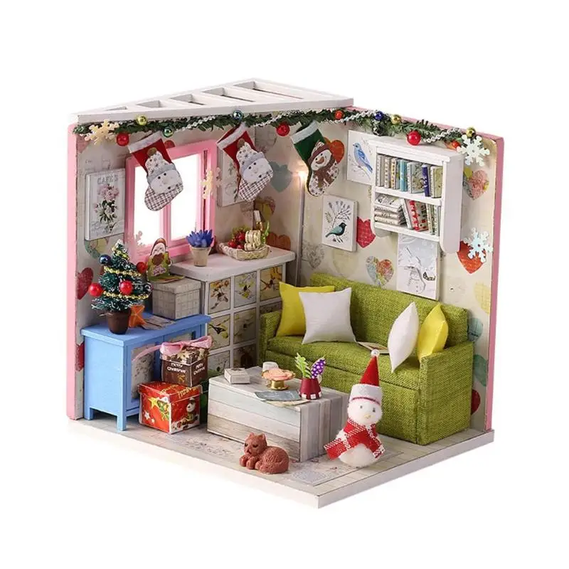 3D рождественский кукольный домик модель здания игрушечная мебель DIY Деревянный Кукольный дом Рождественская Миниатюрная модель светодиодный свет рождественский подарок для детей