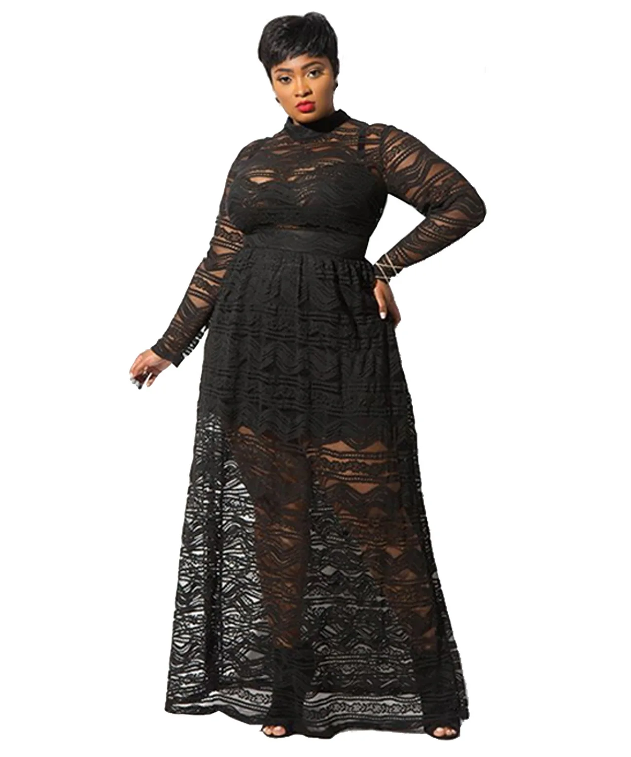

Black Maxi Mesh Dresses Long Sleeves Lace Party Celebrate Event Dress Thin See Through Large Size Ladies Fashion Autumn Robes