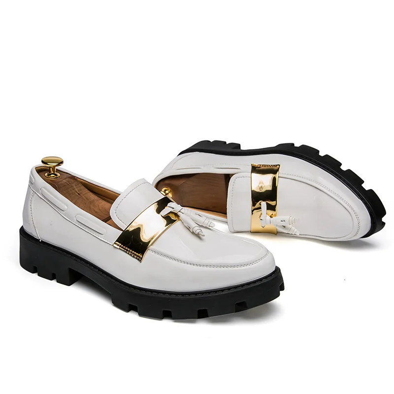 Increase 4cm Thick Bottom Leather Dress Shoes Men Luxury British Trend Men Formal Wedding Bussiness Leather Loafers Shoes Men - Цвет: White