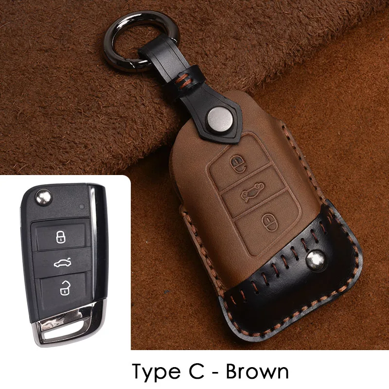 Type C - Brown Ретро ручной работы из натуральной кожи ключ дистанционного управления чехол сумка для Volkswagen PASSAT B8 ключ чехол для Skoda Superb III - Название цвета: Type C - Brown