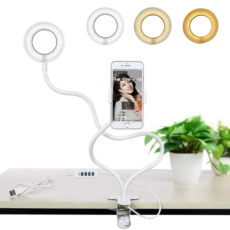 Selfie Ring Light with Cell Phone Holder Stand for Live Stream and Makeup, USB LED Camera Light [3-Light Mode] With Flexible Lon