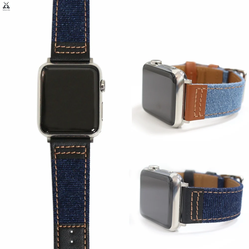 Кожаный ремешок для Apple Watch series 7 6 SE 5 4 3 2 1 джинсовый сшитый тканевый браслет iWatch 41 45