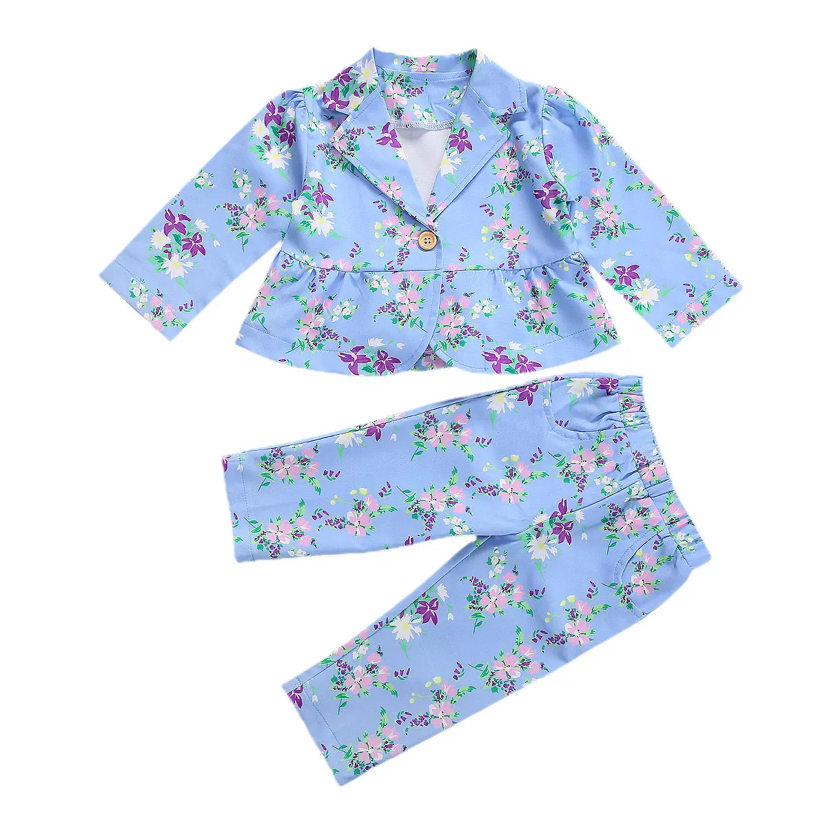 

Spring Autumn Baby Girl Formal Coat, Trousers Suit, Flower Printed Lapel Neck Long Sleeve High Waist Girl Fall Loose Pants