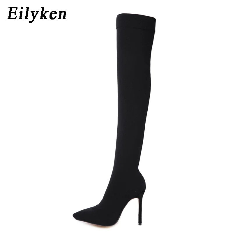 Black Eilyken/ г. Новые женские ботфорты из эластичной ткани пикантная Осенняя женская обувь на высоком каблуке со шнуровкой зимние женские сапоги размер 42 - Цвет: Black