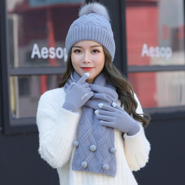 Ensemble de gants chapeau tricoté épais femmes hiver écran tactile chaud  femm