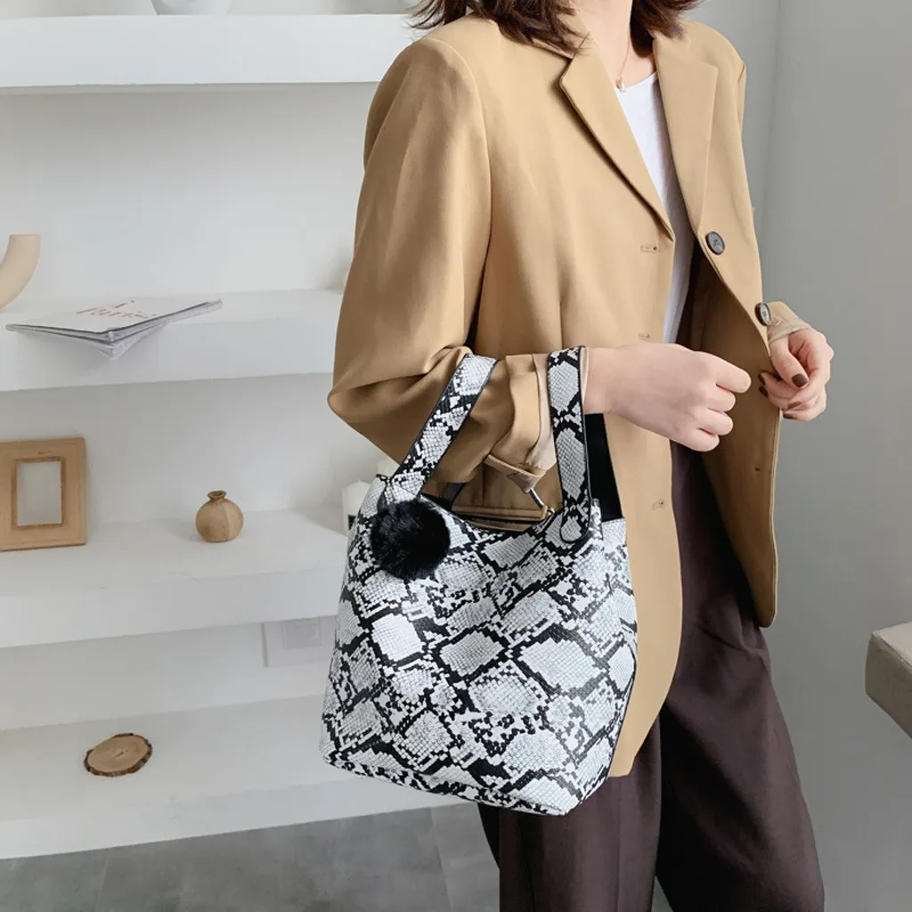Сумка-тоут, модная женская сумка на застежке с змеиным принтом, хозяйственная сумка с помпонами, сумка для телефона, сумка через плечо