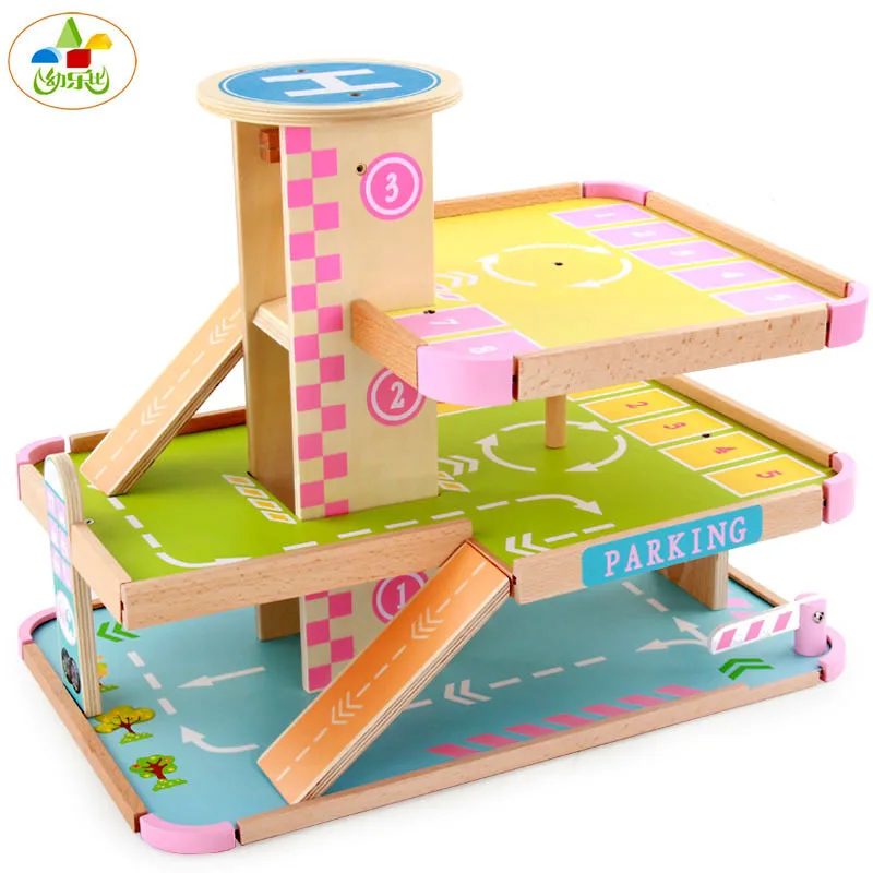

Large Wooden Children Architecture Model Toy Character Play Stereo Three Layer Wooden Parking Lot Toy Set