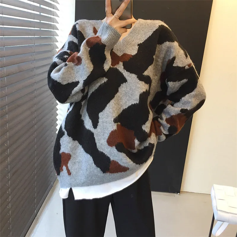 RUGOD корейский женский свитер Камуфляжный узор vneck красочный вязаный пуловер Модный повседневный панк стиль Женская Туника Новинка Весна