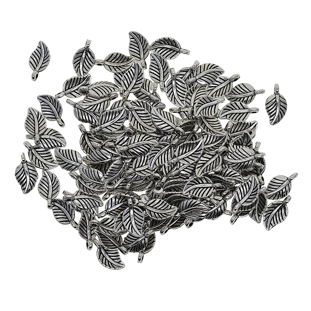 100x Retro Antique silver color Leaf Charms Dangle Beads DIY Pendant Jewelry Craft