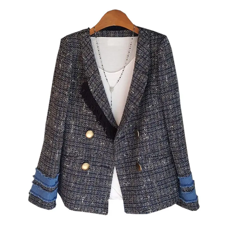 tweed plaid Осенний клетчатый блейзер с лоскутным рукавом, модный тонкий женский твидовый костюм с воротником, куртка, кардиган, шерстяная Верхняя одежда f145 - Цвет: tweed plaid