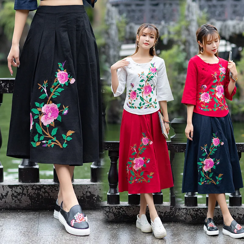 

2019 Spring New Style Ethnic-Style WOMEN'S Dress Cotton Linen Elasticity Waist Loose-Fit Peony Embroidery Skirt