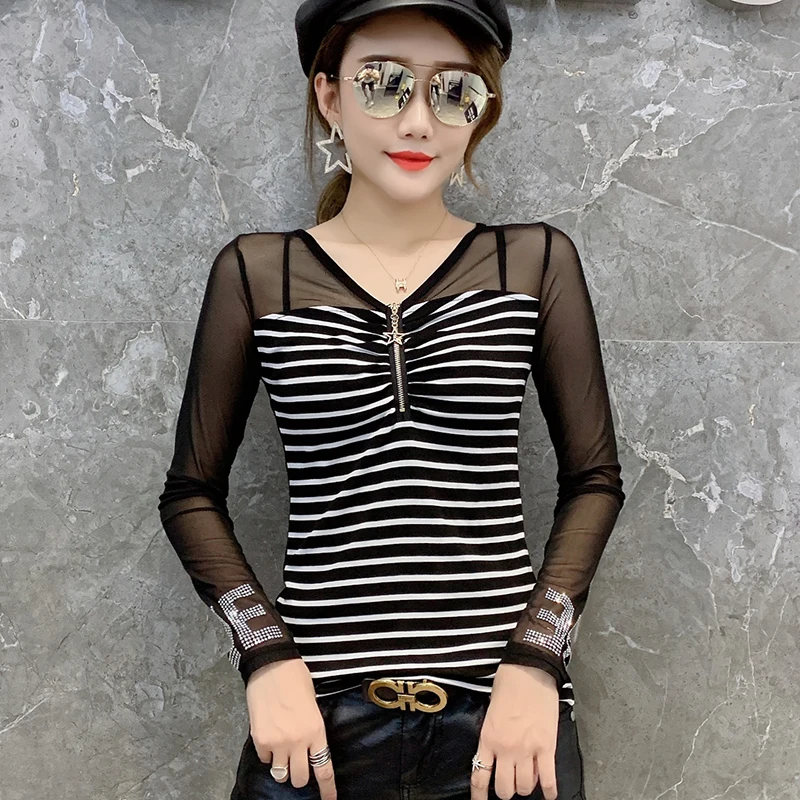 Striped tshirt Модный сексуальный сетчатый топ на молнии с бриллиантами в стиле пэчворк, новинка, осенне-зимний женский прозрачный тонкий топ на спине, Camiseta Mujer T99010 - Цвет: Striped tshirt